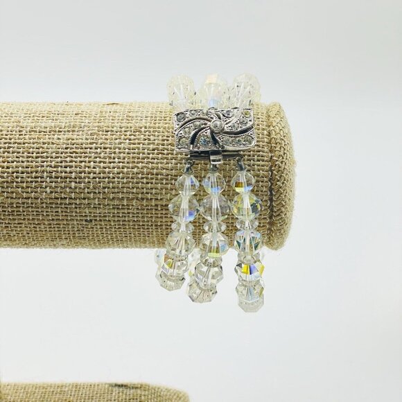 Triple Strand Beaded Bracelet Silver Tone Rhinestone Clasp Sunburst Glam Bling - Picture 6 of 8
